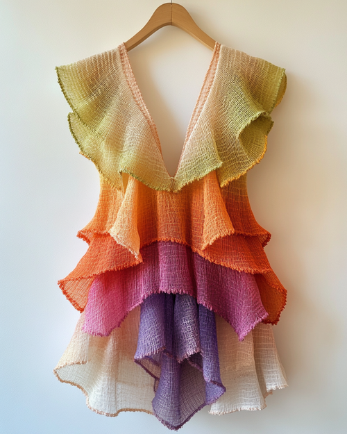Summer Rainbow Grid Linen Irregular Ruffle Top  72b3