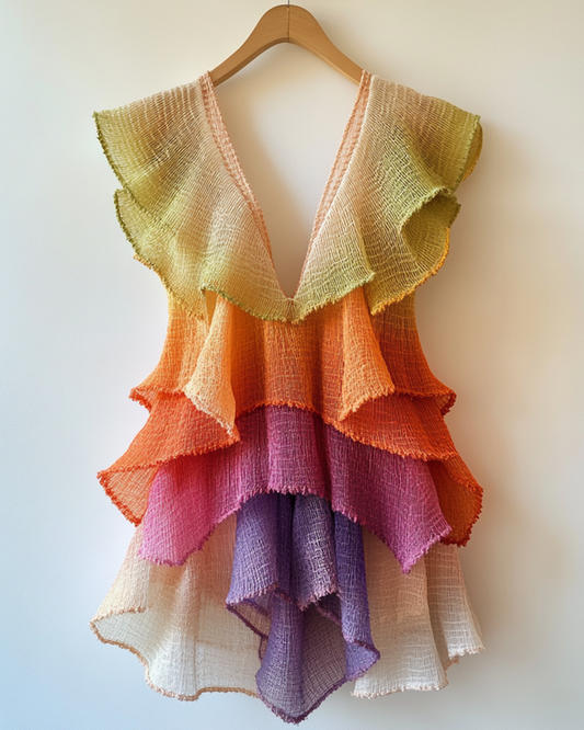 Summer Rainbow Grid Linen Irregular Ruffle Top  72b3