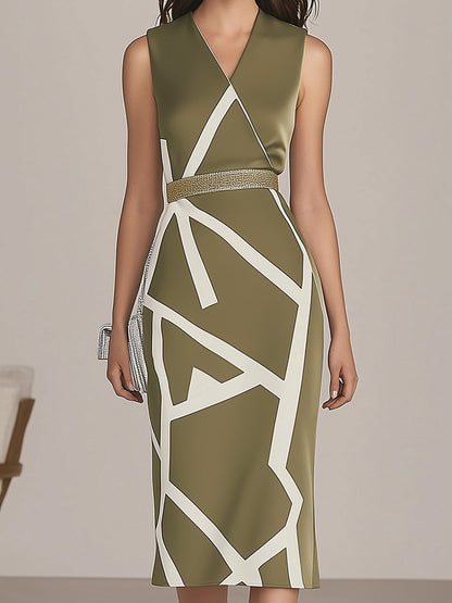 Olive Green Satin Dress With White Geometric Print And Gold Belt