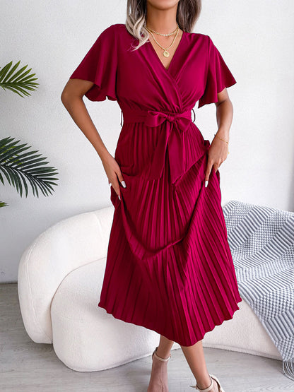 Women's Casual Cross V-neck Ruffled Pleated Dress