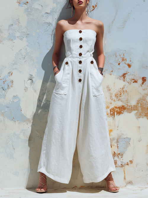 Strapless Linen Wide-Leg Jumpsuit With Button Detail & Pockets