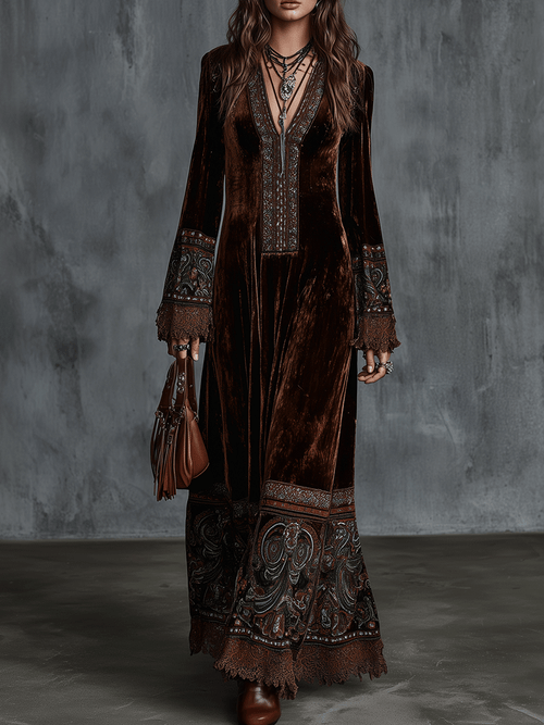 Bohemian Velvet Embroidered Borders Maxi Dress