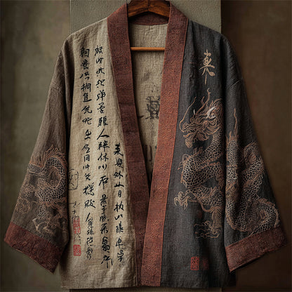 Japanese Dragons & Calligraphy Contrast Linen Kimono