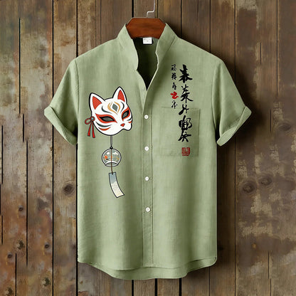 Men's Calligraphy Masks Japanese Art Print Short Sleeve Shirt
