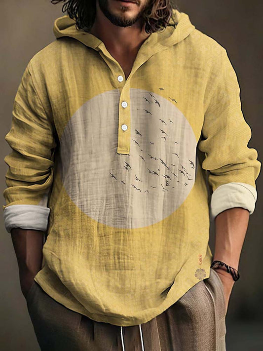 Men's Japanese Ukiyo-E Flying Birds Hokusai Sashiko Art Linen Blend Hooded Shirt