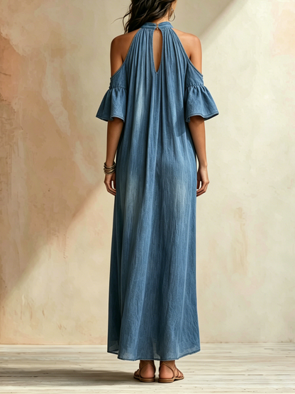 Tencel Denim Halter Neck Cold-Shoulder Maxi Dress