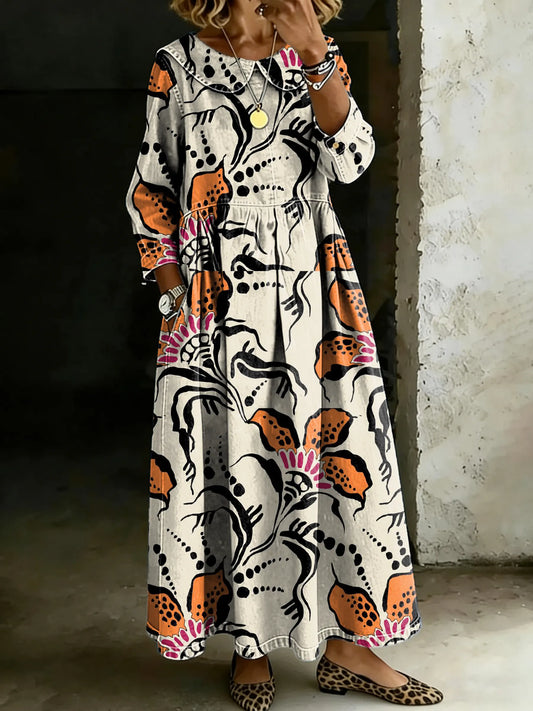 Women's Retro Floral Splicing Long-sleeved Loose-fitting Casual Denim Dress