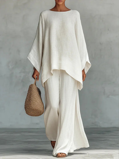 Women's Round Neck Long Sleeve Wide-leg Casual Irregular Hem Two-piece Pants Set