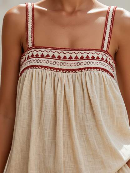 Boho Embroidered Linen-Blend Cami Top & Wide-Leg Pants Two-Piece Set