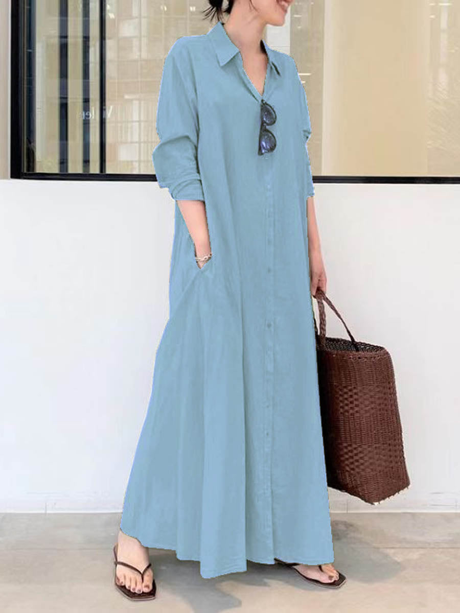 Women's Solid Color Casual Loose Elegant V-Neck Cotton And Linen Pocket Shirt Dress