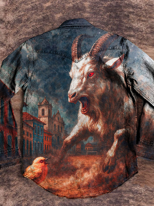 Vintage Halloween Dark Goat Arts Print Casual Denim Jacket