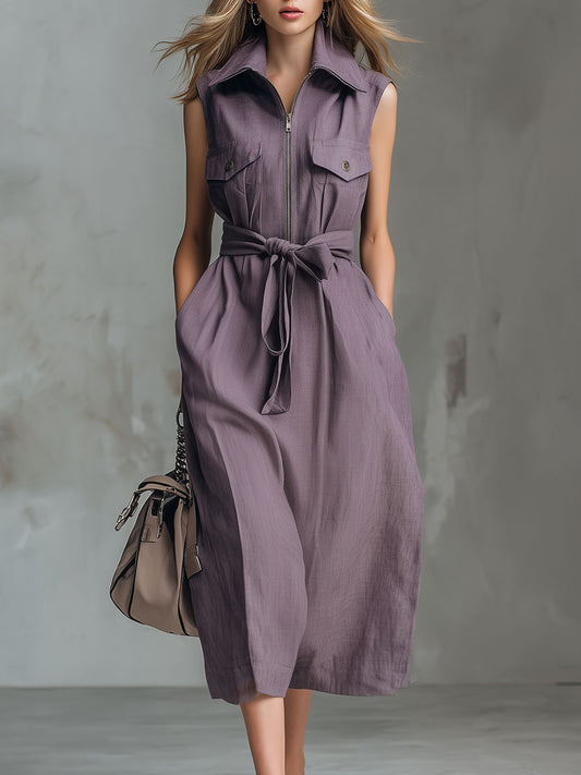 Women's Solid Color Lapel Sleeveless Casual Loose Cotton And Linen Dress