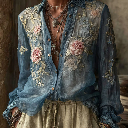 Women's Vintage Bohemian Floral Pattern Linen Long Sleeve Shirt