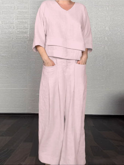 Women'S Casual Solid Color Irregular Cotton And Linen Shirt and Pats Suit