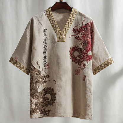 Men's Calligraphy With Dragon Art Print Short Sleeve Shirt