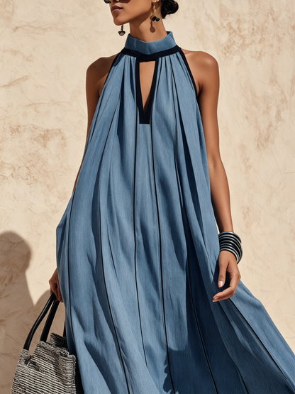 Chic Halter Neck Denim Maxi Dress with Contrast Trim