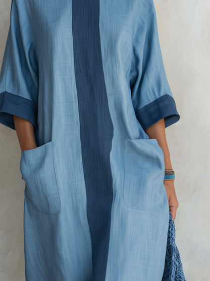 Light Blue Tencel Denim Colorblock Oversized Maxi Dress