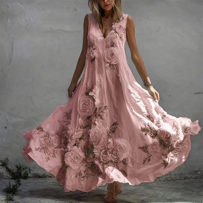 Vintage White Roses Fiber Art Flowy Linen Maxi Dress