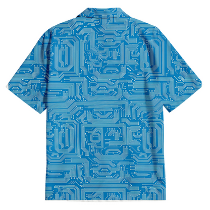 Blue Computer Circuit Button Up Pocket Shirt
