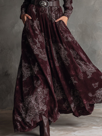Bohemian Suede Printed Front Zip Maxi Dress