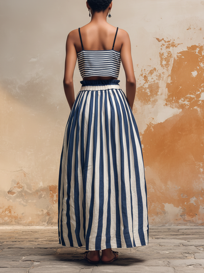Striped Linen-Blend Two-Piece Set | Crop Top & Maxi Skirt With Pockets