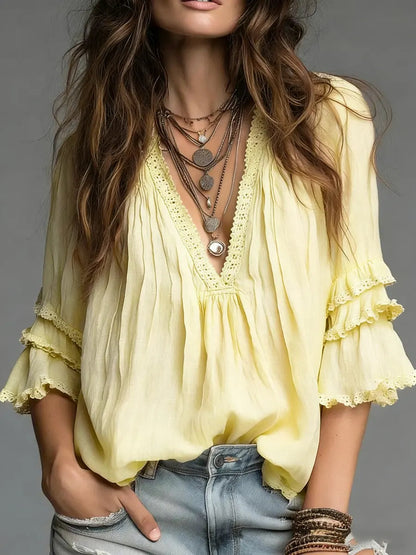 Women's V-neck Cotton And Linen Shirt