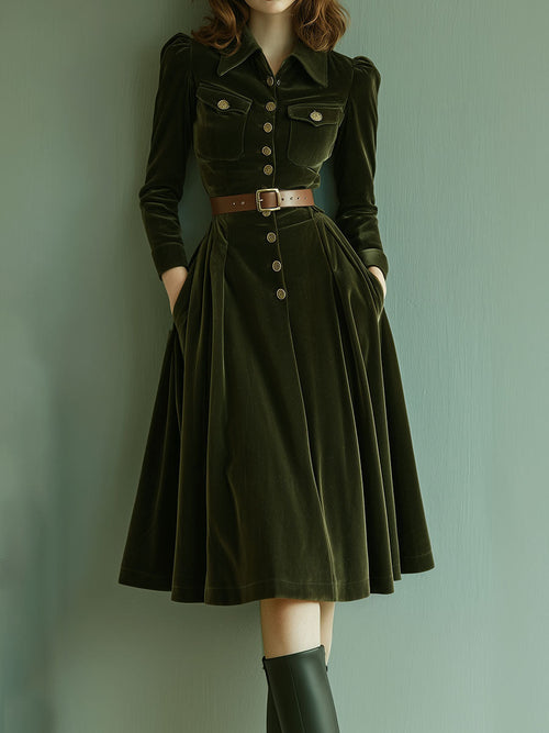 Vintage A-Line Long Sleeve Velvet Midi Dress With Pockets