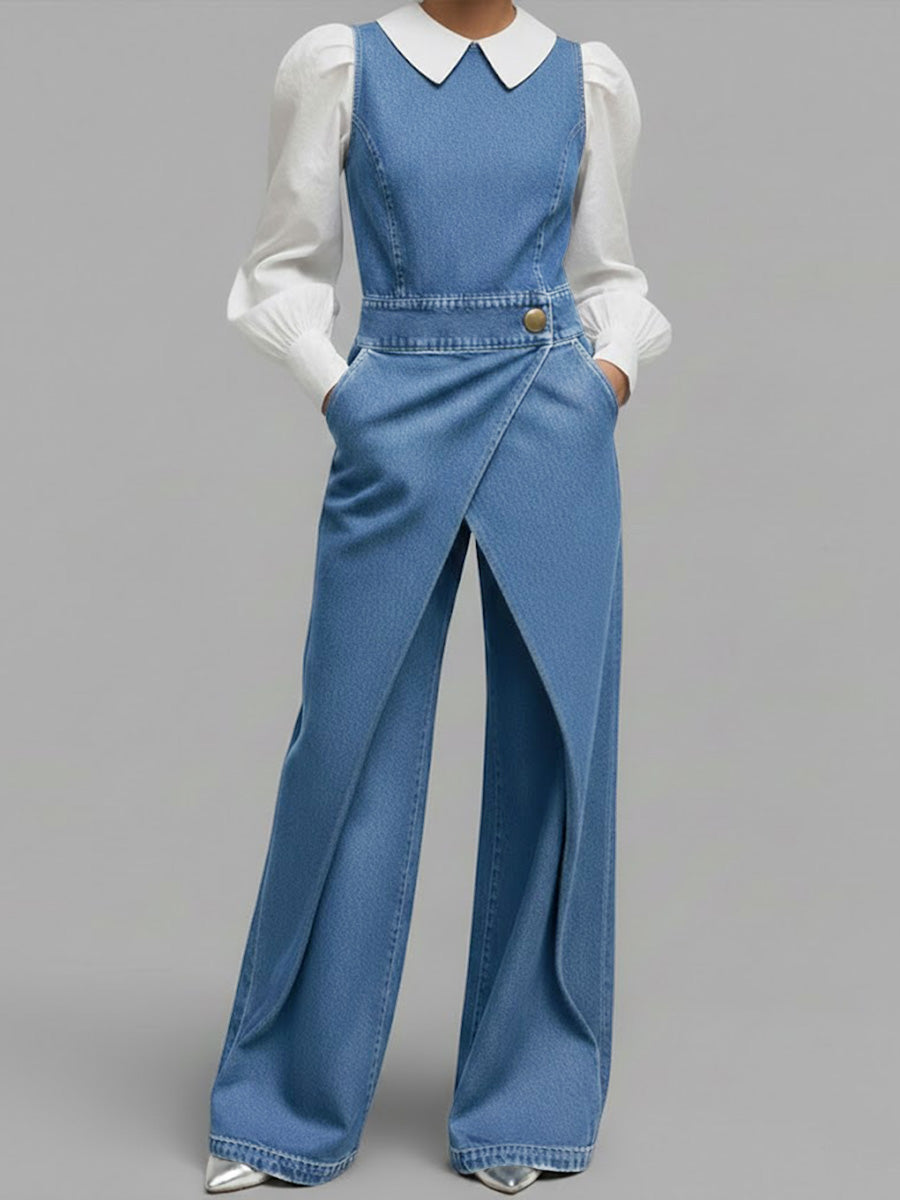 Women's Round Neck Sleeveless Casual Loose Denim Wide-leg Jumpsuit