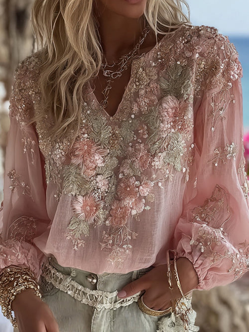 Women's Elegant Pink Floral Embroidery Art V-neck Long Sleeve Blouse