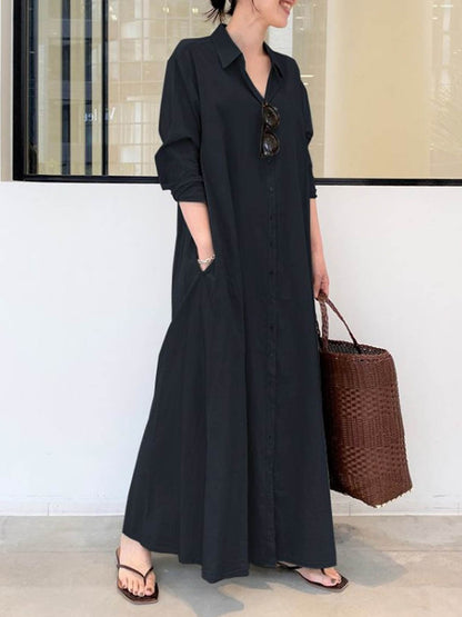 Women's Solid Color Casual Loose Elegant V-Neck Cotton And Linen Pocket Shirt Dress