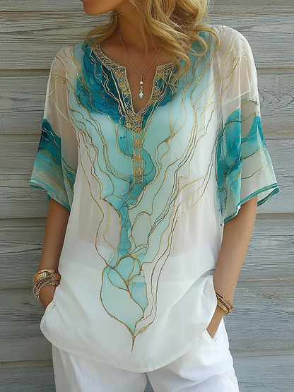 Vintage Marble Texture Collection Bohemia Women Style Gradient Gilded Pattern Linen Round Neck T-shirt