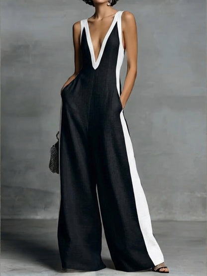 Patchwork Linen And Cotton Sleeveless Jumpsuit