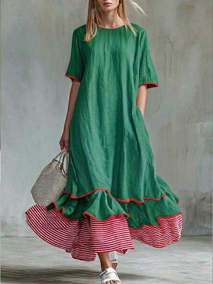 Women’s Patchwork Striped Midi Dress – Casual Red Summer Dress