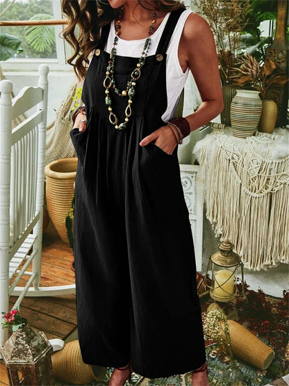 Women's Solid Color Sleeveless Pocket Casual Linen Cotton Bib Wide Leg Jumpsuit