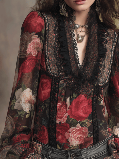 Vintage Boho Romantic Rose Lace Chiffon Blouse