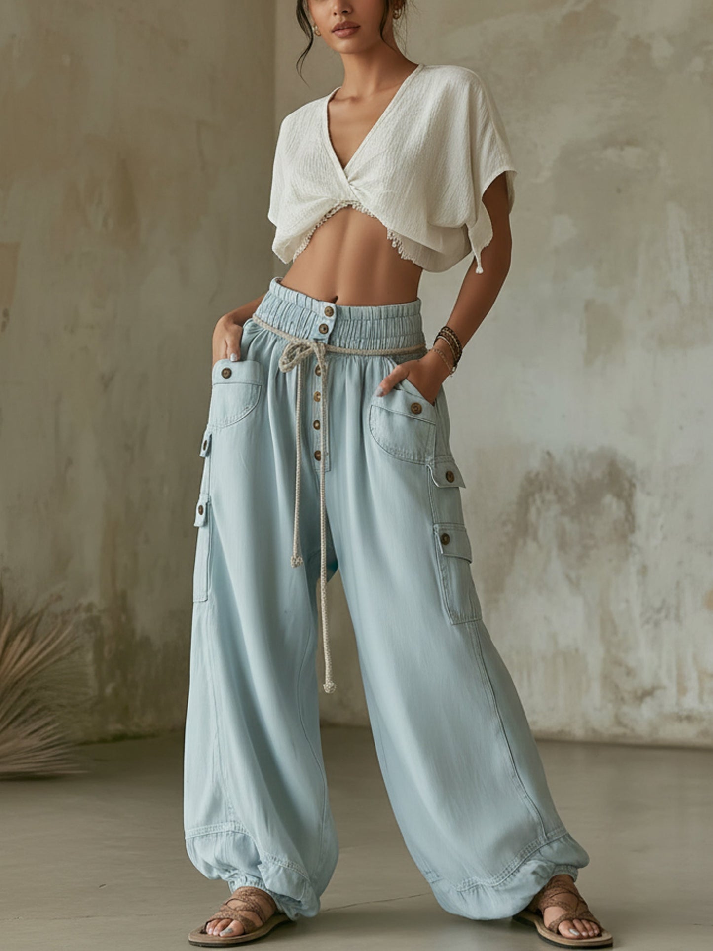 Light Blue Tencel Denim Cargo Balloon Pants