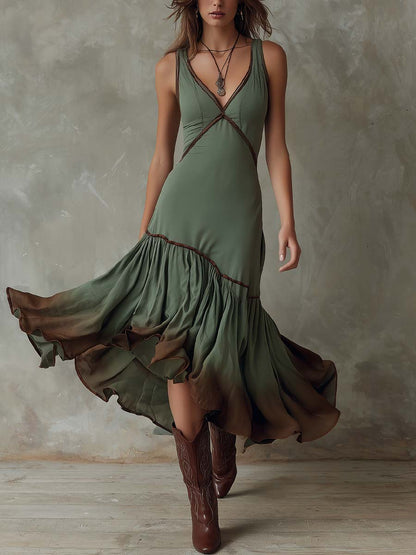 Boho Dip-Dyed Ruffled Hem Midi Dress