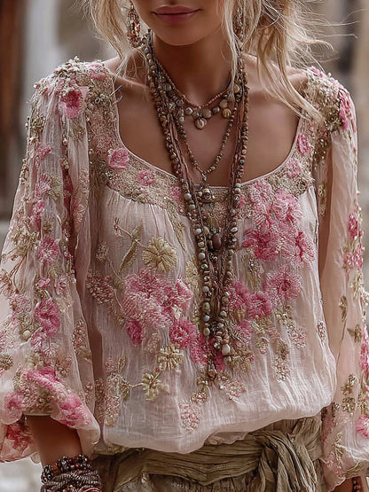 Women's Vintage Floral Pattern Casual V-neck Shirt