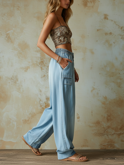 Light Blue Tencel Denim Oversized Wide Leg Pants