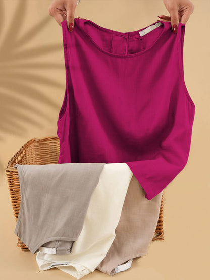 Women's Solid Color Round Neck Sleeveless Casual Linen Vest Top