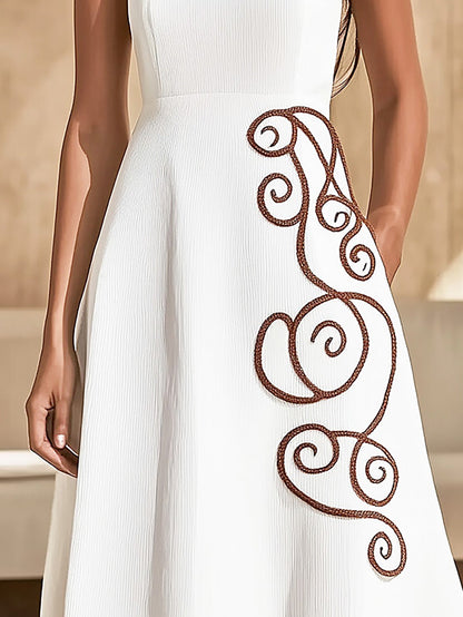 Stylish White A-Line Dress with Brown Swirl Embroidery