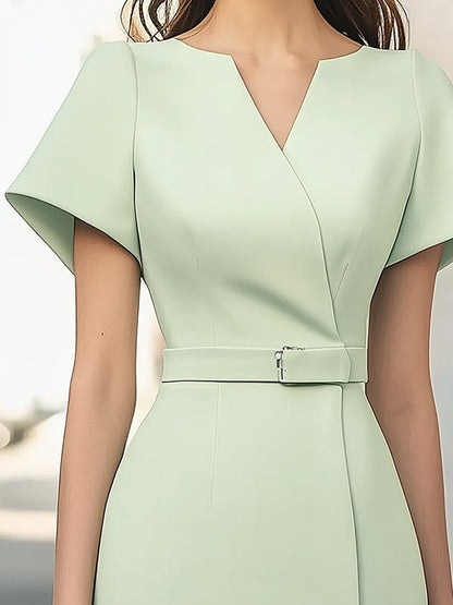 Elegant Mint Green Satin Short-Sleeve Dress With Waist Belt