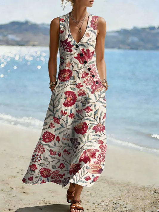 Women's Floral Pattern Art Print Casual Cotton Linen Dress