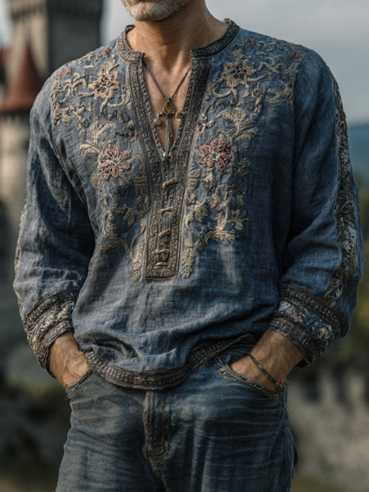 Men's Vintage Floral Embroidered Comfy Linen Shirt