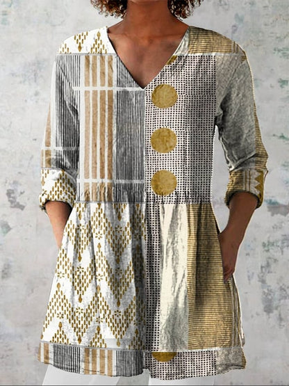 Women's Vintage Abstract Geometry Art Print Casual Cotton And Linen 3/4 Sleeve Shirt