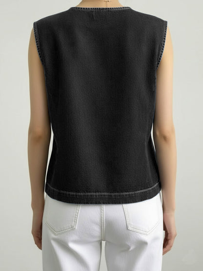 Women's Round Neck Sleeveless Loose-fitting Casual Denim Top