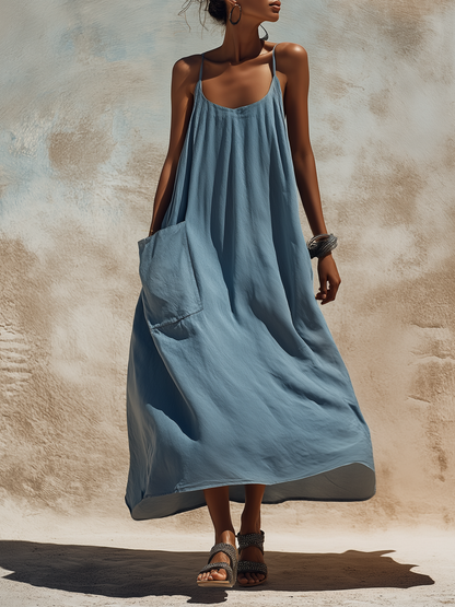 Slate Blue Linen-Blend Maxi Slip Dress - Oversized Pocketed Casual Dress