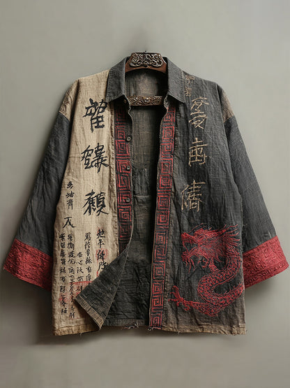 Men's Retro Japanese Calligraphy And Dragon Art Pattern Linen Blend Long-sleeve Shirt