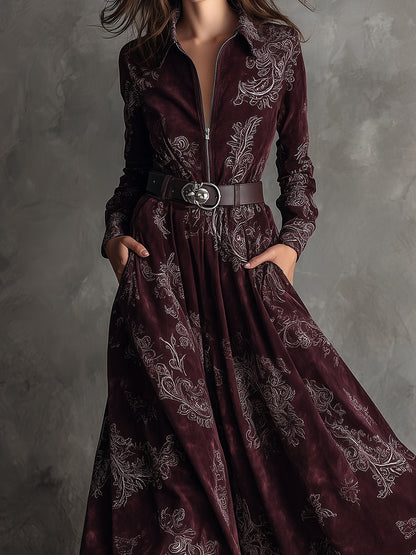 Bohemian Suede Printed Front Zip Maxi Dress