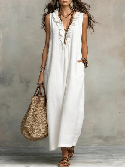 Women's Solid Color Ruffled Art Casual Fashion Cozy Cotton Linen Dress